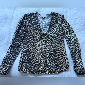 Ganni Leopard-Print V-Neck Blouse in Black and Tan